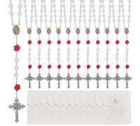 ORIGACH Lot de 12 chapelets catholiques en perles blanches et rouges en vrac, chapelet avec pendentif crucifix Notre-Dame de Guadalupe avec sac à bijoux, cadeaux religieux pour première communion