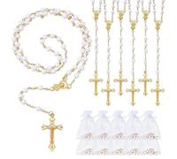 ORIGACH Lot de 36 chapelet catholique en perles blanches avec pendentif croix dorée et sac en organza, cadeaux religieux pour première communion chrétienne