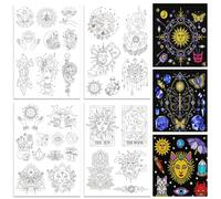 ORIGACH Lot de 4 feuilles de stabilisateurs de motifs de broderie solubles dans l'eau sur le thème de la magie et de la sorcellerie - Motifs pré-imprimés soleil, lune et mauvais œil - Papier à broder