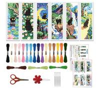 ORIGACH Lot de 6 marque-pages au point de croix en forme de chat noir et paysage pour débutants avec dos en feutre et instructions (français non garanti) pour adultes, amateurs de livres