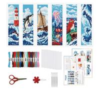 ORIGACH Lot de 6 marque-pages au point de croix nautique et vagues de l'océan pour débutants avec dos en feutre et instructions (français non garanti) à faire soi-même pour adultes et amateurs de