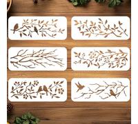 ORIGACH Lot de 6 pochoirs réutilisables de 30 x 12 cm, motif oiseau sur branche, silhouette de branche, pour peinture sur mur en bois, scrapbooking, carte