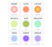 ORIGACH Lot de 9 affiches d'aura positive pour chambre à coucher, esthétique, coloré, 20 x 25 cm, motif cœur, amour, rire, croire, vie, art sain, sans cadre, pour décoration murale de salle de bain,