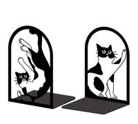 ORIGACH Serre-livres décoratifs en métal robuste motif chats pour la maison et le bureau, supports de livres noirs pour étagère et décoration de bureau