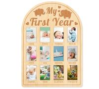 ORIGACH Tableau en bois pour la première année - Cadre photo de 12 mois pour nouveau-né - Cadre photo neutre pour souvenir de bébé - Décoration de fête d'anniversaire - Cadeau de nouvelle maman
