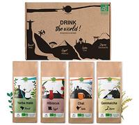 ORIGEENS COFFRET THÉ BIO BOISSONS DU MONDE - Hibiscus, Maté, Thé Chai, Thé vert Genmaicha - Assortiment thé 4x80gr - Coffret thé à offrir
