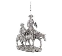 ORIGEN Figurine Don Quichotte à Cheval et Sancho Panza, Finition Argentée contemporaine, L 30 cm