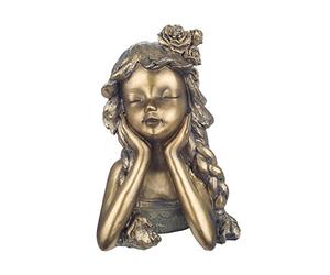 ORIGEN Statuette Buste Fillette et Chevelure Fleurie, Effet Bronze patiné, Résine, H 29 cm