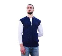 Original Aran Company Cardigan léger pour homme, sans manches, avec fermeture éclair, 100 % laine mérinos, tricot torsadé Aran, bleu, Taille M