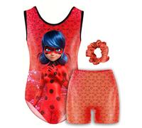 Original Corner Miraculous Officiel - Tenue de Gymnastique Fille Ladybug (140 cm) - Justaucorps & Short Scintillants + Chouchou - Enfant 8 à 9 ans - Gym, Danse, GRS & Cirque