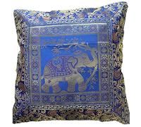 Original Kikan Housses de coussin en soie à motif d'éléphant indien mandala - Brocart bohème - 40,6 x 40,6 cm - Fermeture éclair - Banarsi - Ethnique - Fait à la main - Patchwork (bleu roi)