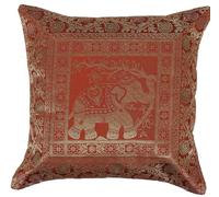 Original Kikan Housses de coussin en soie à motif d'éléphant indien mandala - Brocart bohème - 40,6 x 40,6 cm - Fermeture éclair - Banarsi - Ethnique - Fait à la main - Patchwork (orange)