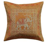 Original Kikan Housses de coussin en soie avec motif d'éléphant indien mandala - Brocart bohème - 40,6 x 40,6 cm - Fermeture éclair - Banarsi - Ethnique - Fait à la main - Patchwork (or canari)