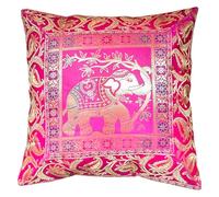 Original Kikan Housses de coussin en soie avec motif d'éléphant indien Mandala - Brocart bohème - 40,6 x 40,6 cm - Fermeture éclair - Banarsi - Ethnique - Fait à la main - Patchwork (rose)