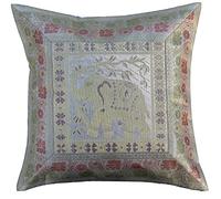 Original Kikan Housses de coussin en soie avec motif d'éléphant indien mandala - Brocart bohème - 40,6 x 40,6 cm - Fermeture éclair - Banarsi - Ethnique - Fait à la main - Patchwork (gris argenté)