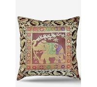 Original Kikan Housses de coussin en soie avec motif d'éléphant indien Mandala - Brocart bohème - 40,6 x 40,6 cm - Fermeture éclair - Banarsi - Ethnique - Fait à la main - Patchwork (marron)