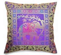 Original Kikan Housses de coussin en soie avec motif d'éléphant indien Mandala - Style bohème - Décoration d'intérieur - 40,6 x 40,6 cm - Avec fermeture éclair - Banarsi - Ethnique - Fait à la main -