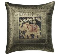 Original Kikan Housses de coussin en soie avec motif d'éléphant indien Mandala - Style bohème - Décoration d'intérieur - 40,6 x 40,6 cm - Avec fermeture éclair - Banarsi - Ethnique - Fait à la main -