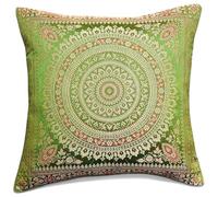 Original Kikan Housses de coussin indiennes en soie style ethnique patchwork mandala sari 40,6 x 40,6 cm (vert olive)