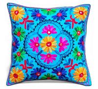 Original Kikan Suzani Housse de Coussin Ethnique Indienne brodée Multicolore 40 x 40 cm Bleu