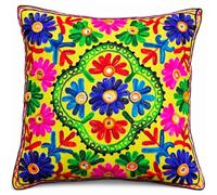 Original Kikan Suzani Housse de coussin ethnique indienne Takiya avec fermeture éclair à l'arrière Jaune 40 x 40 cm