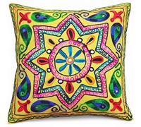 Original Kikan Suzani Housse de coussin Motif étoiles indiennes 40 x 40 cm Broderie multicolore 40 x 40 cm Jaune