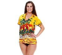 Original King Kameha | Chemisier hawaïen funky | Femmes | XS - 6XL | Manches courtes | Poche avant | Imprimé hawaïen | Parrot Palm Beach | Jaune, jaune, XXL