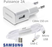 Original Samsung - Chargeur Secteur Prise de Courant Origine + Cable Cordon MicroUSB & USB-C Blanc Pour Galaxy A51 / A51 5G