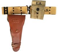 Original WWII M1936 Webbing Canvas Pistol Belt with M1911 Colt Leather Holster and .45 Colt Magazine Pouch (Right Handed Tan)