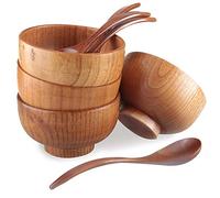 Originalidad Lot de 4 bols japonais en bois de jujube faits à la main avec cuillère assortie pour riz, soupe, sauce, salade, thé, décoration (4 bols de 10,7 cm + 4 cuillères)