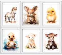 Originalys, Animaux de la ferme, 6 affiches pour chambre d'enfant A4, Le poussin, Caneton, Pouliche, Lapereau, Agnelet et Veau. Poster pour fille et garçon, style aquarelle, (Sans cadre). (Ferme)