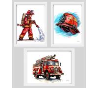 Originalys Ensemble de 3 affiches A4 de Pompier, Camion de Pompier et casque. Décoration pour chambre d'enfant, garçon, posters en format A4 (Cadre non compris) (A4-21x29,7cm)