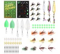 OriGlam Lot de 80 leurres de pêche à la mouche sèche/humide faits à la main avec cuillère, perles, émerillon, flotteur de lancer et paillettes pour truite, bar, saumon