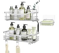 Orimade Serviteurs de Douche Étagère Caddy avec 5 Crochets Panier de Douche Salle de Bain Toilette Acier Inoxydable SUS304 sans Perçage - 3 Pièces