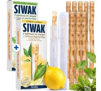 ORINKO® 5 Bâtons de Siwak Goût Citron + 5 Siwak Goût Menthe Poivrée + 2 Étuis de Protection - Miswak Brosse à Dents Naturelle Aromatisée Écologique et Vegan - Soin de la Bouche et Blanchiment des Dent