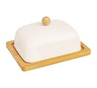 Orion Group - Beurrier en porcelaine avec couvercle - 16 x 13 x 8,5 cm - Porcelaine blanche et bambou - Beurrier écologique - Décoration de table et de cuisine parfaite