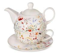orion group Théière avec tasse - Service 2 en 1 en porcelaine avec couvercle et soucoupe - Idéal pour servir du thé, des herbes ou du café - Passe au lave-vaisselle - Idée cadeau
