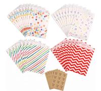 Oriqee 60 Pochettes Cadeau Kraft avec Autocollants, Sachet Bonbons Coloré | Format 19x13x3,5 cm avec 4 Motifs Variés. Parfait pour le Conditionnement de Desserts, Biscuits et Petits Cadeaux d’Invités