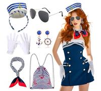 Orizizhic Lot de 6 costumes de marin pour femme, bonnet de marin, écharpe, gants blancs, rayures bleues, poches, lunettes de soleil, boucles d'oreilles, accessoires de carnaval, pour femme, yacht