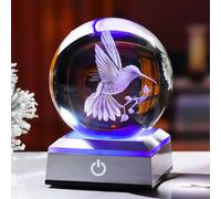 Ornalrist Boule de cristal 3D avec colibri gravé et base LED colorée, sphère en verre de 8 cm Idées pour décoration de maison, cadeaux colibri pour hommes et femmes pour anniversaire et Noël