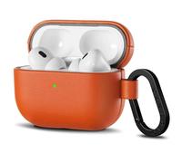ORNARTO Coque en Cuir pour AirPods Pro 2/1 (2023/2022/2019) (Câble USB-C/Lightning) - avec Mousqueton, Protection Antichoc et Douce au Toucher | LED Visible | Outil de Démontage Inclus - Orange