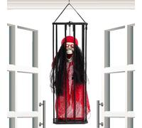 Ornement à capteur, fantôme animé dans la cage de prisonnier - Détecte le mouvement et réagit avec le son - Décoration d'Halloween effrayante pour salon, bar ou entrée