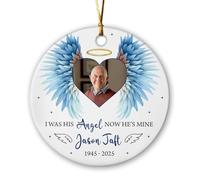 Ornement commémoratif personnalisé en forme d'ailes d'ange avec inscription « I was His Angel Now He's Mine » 2025, en mémoire de son mari, papa, décoration en céramique, photo et nom personnalisés