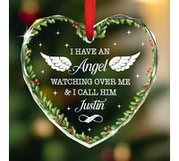 Ornement commémoratif personnalisé en verre en forme de cœur avec ailes d'ange 2025, inscription « I Have an Angel Watching Over Me » - Cadeau pour la perte du père/grand-père/oncle, papa amoureux