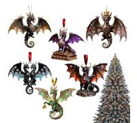 Ornement de dragon de Noël - Ensemble de pendentifs de décoration de maison en acrylique 2D de 6 pièces, décorations de Noël à suspendre avec dragon volant, ornements fantastiques de Noël | Maison de
