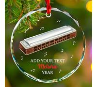 Ornement de joueur d'harmonica personnalisé pour sapin de Noël, harmonica musical en verre, cadeau souvenir sur le thème de l'instrument, cadeau souvenir pour maman, papa, grands-parents, texte et nom
