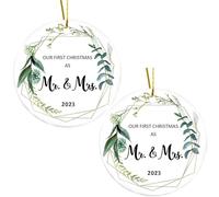 Ornement de Noël de Mariage 2023 3inch Double Face Rustique Premier Noël Marié Ornement 2023 Bois Suspendu Rond Mr et Mme Cadeaux pour Les Cadeaux Mariage Style 1