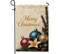 Ornement de Noël Drapeau de jardin, branche de pin festif de Noël rouge lys double face en toile de jute petit drapeau de jardin pour extérieur, terrasse, pelouse, porche, entrée, camping 30,5 x 45,7