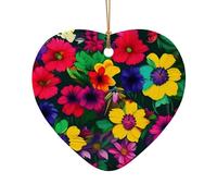 Ornement de Noël en céramique mignon étoile ou cœur décoration à suspendre arbre de Noël décoration d'intérieur motif fleurs arc-en-ciel imprimé