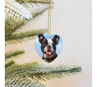 Ornement de Noël en forme de cœur à suspendre en céramique pour sapin de Noël - Pendentif en porcelaine - Joli terrier de Boston - Décoration de Noël pour les vacances, cadeaux souvenirs